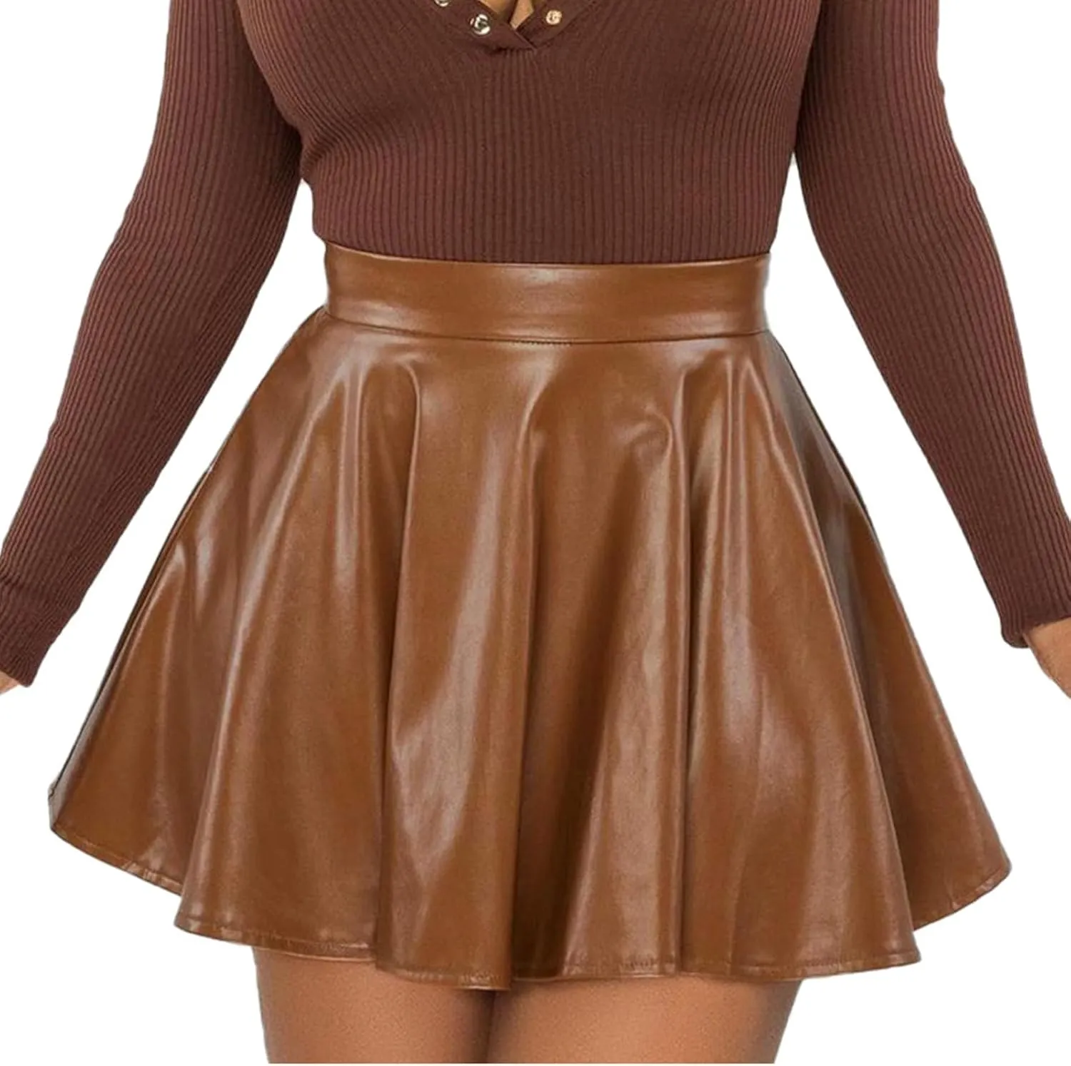 Short Pu Leather Skirts for Women Trendy Stretchy High Waisted Zipper Pleated A Line Casual Flowy Mini Skir