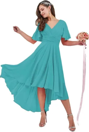 Short Sleeve Bridesmaid Dresses High Low Formal Dresses with Pockets Chiffon V Neck Wedding Guest Dresses ZW08
