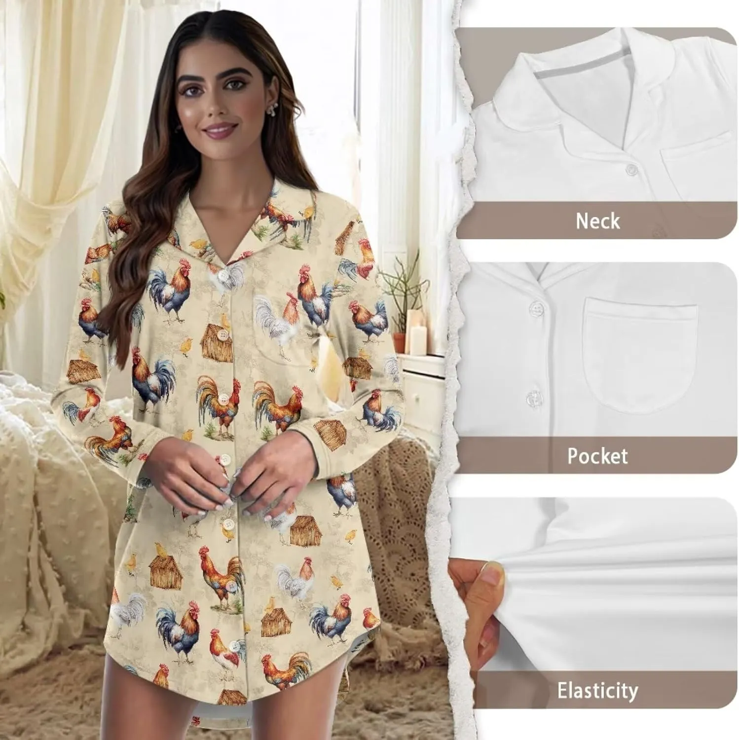 Showudesigns Button Down Sleep Shirts for Women Long Sleeve Nightgowns Plus Size Sleepwear