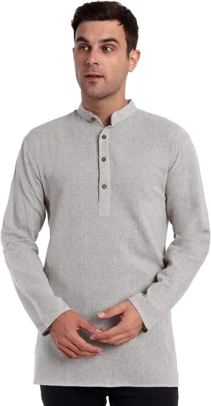 SKAVIJ Men's Handloom Cotton Solid Kurta Mandarin Collar Straight Regular Henley Shirt