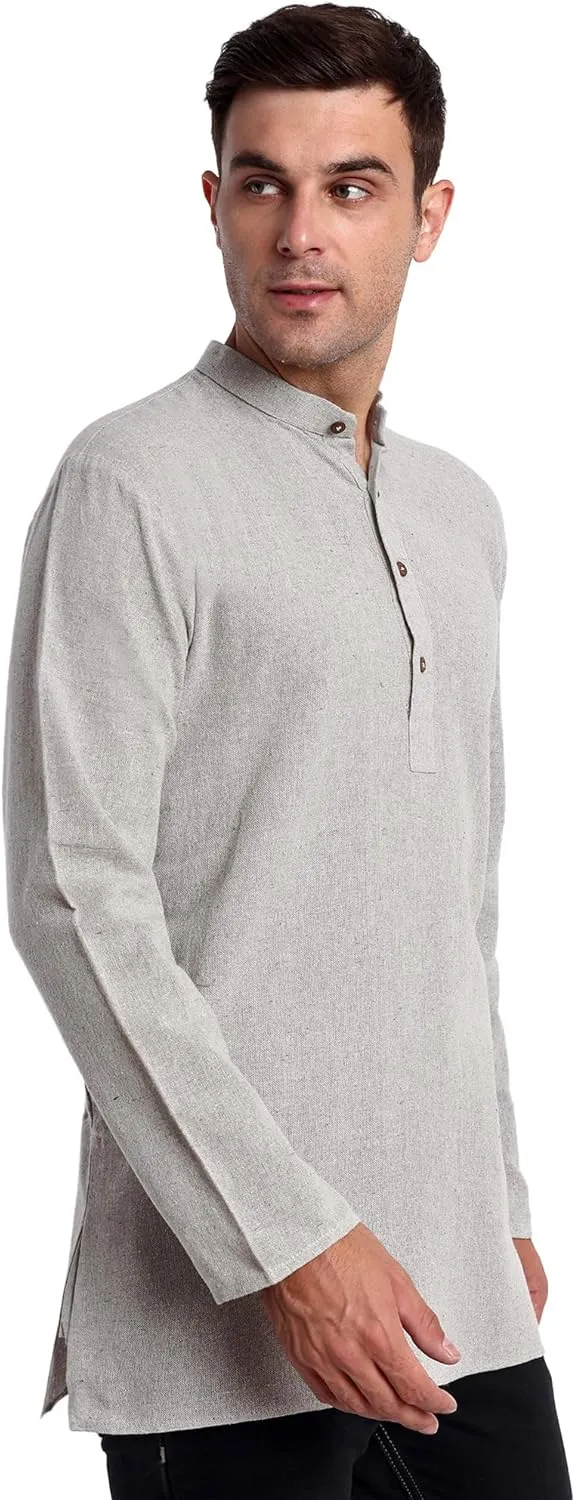 SKAVIJ Men's Handloom Cotton Solid Kurta Mandarin Collar Straight Regular Henley Shirt