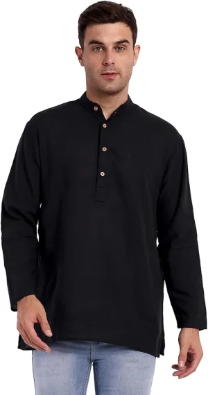 SKAVIJ Men's Handloom Cotton Solid Kurta Mandarin Collar Straight Regular Henley Shirt