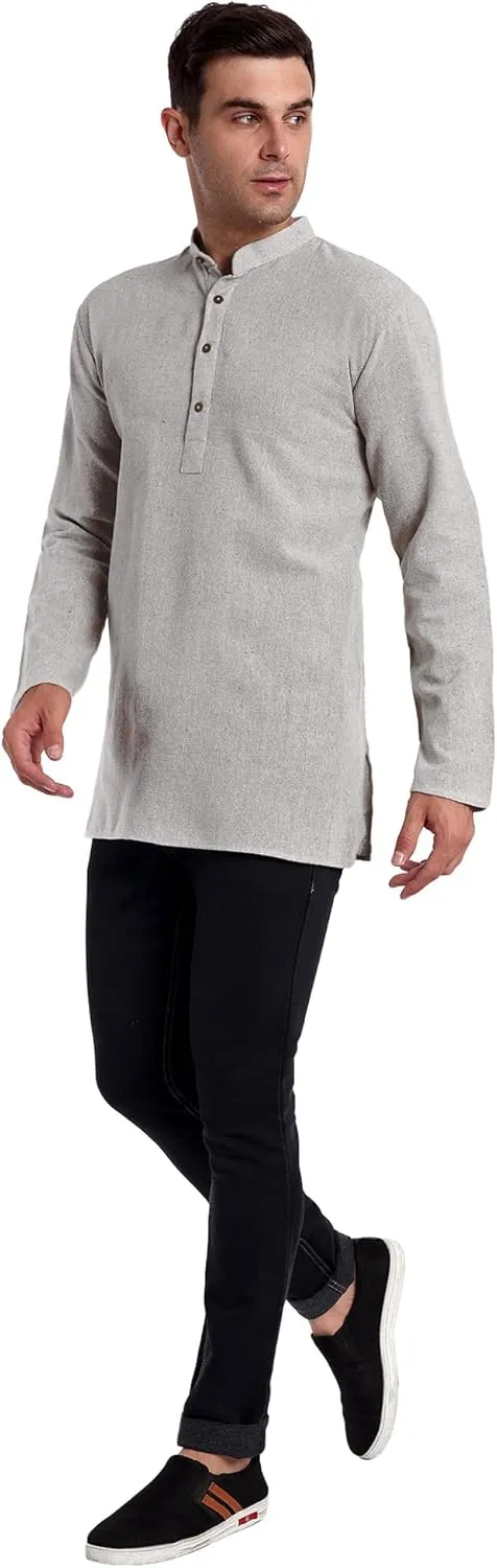 SKAVIJ Men's Handloom Cotton Solid Kurta Mandarin Collar Straight Regular Henley Shirt