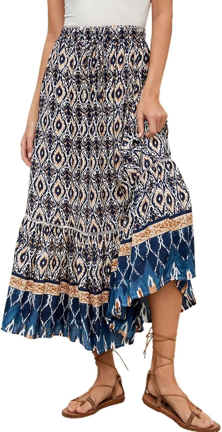 Skirts for Women Boho High Waisted Flowy Drawstring Ruched Casual Skirt Elastic Waist Elegant Patchwork Beach Skorts
