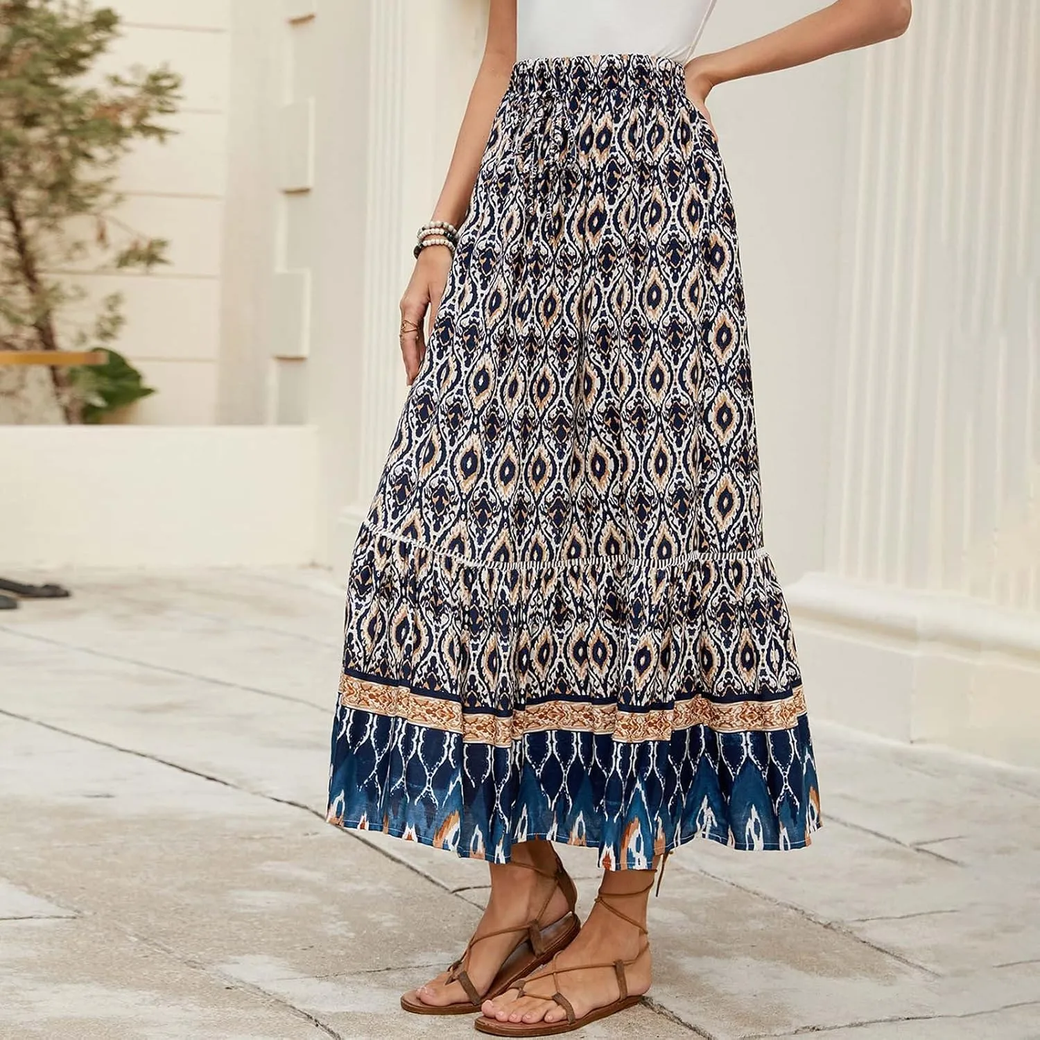 Skirts for Women Boho High Waisted Flowy Drawstring Ruched Casual Skirt Elastic Waist Elegant Patchwork Beach Skorts