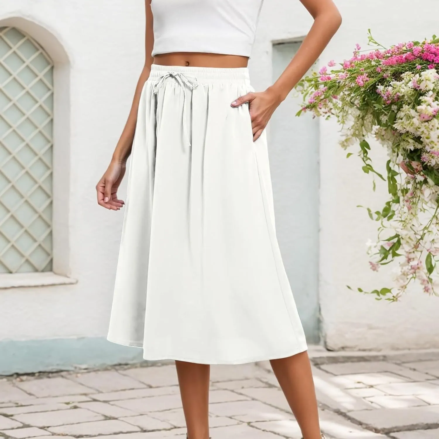 Skirts for Women Mid High Waisted Drawstring Casual Skirt Flowy Elastic Waist Baggy Elegant Trendy Skorts with Pockets