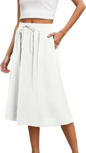 Skirts for Women Mid High Waisted Drawstring Casual Skirt Flowy Elastic Waist Baggy Elegant Trendy Skorts with Pockets