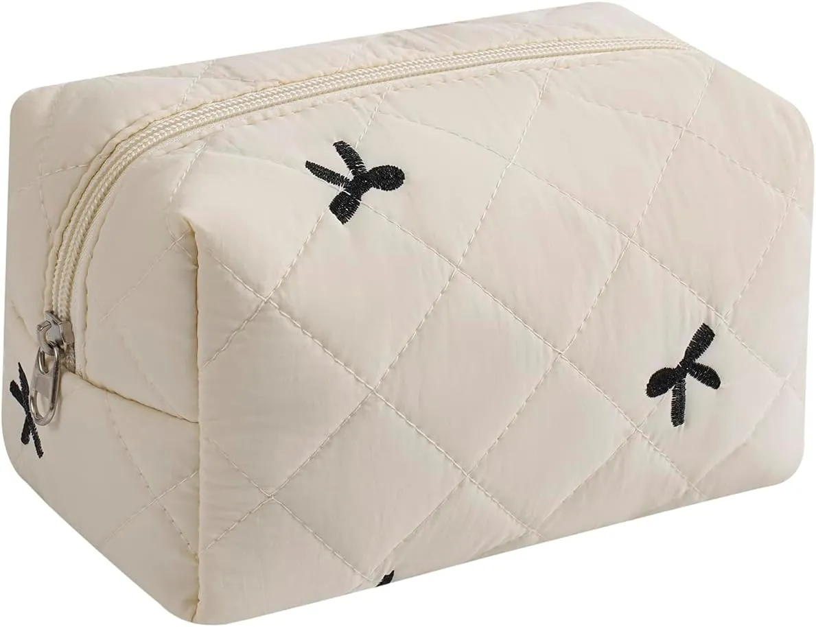 Small Quilted Cotton Makeup Bag, Aesthetic Cosmetic Bag, Cute Floral Makeup Pouch, Kawaii Trendy Preppy Travel Toiletry Bag for Women and Girls (01 White Bow)