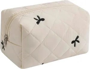 Small Quilted Cotton Makeup Bag, Aesthetic Cosmetic Bag, Cute Floral Makeup Pouch, Kawaii Trendy Preppy Travel Toiletry Bag for Women and Girls (01 White Bow)