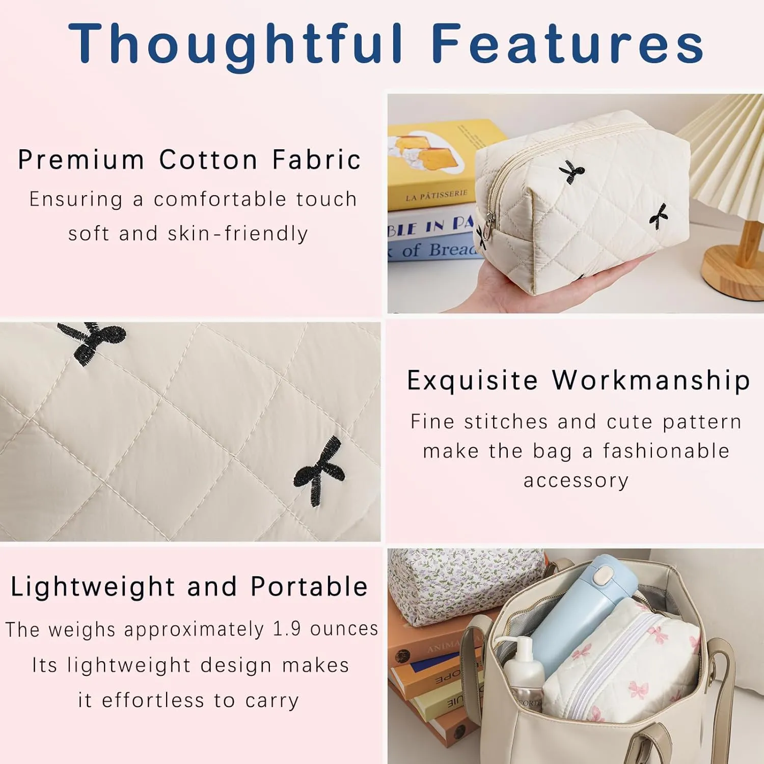 Small Quilted Cotton Makeup Bag, Aesthetic Cosmetic Bag, Cute Floral Makeup Pouch, Kawaii Trendy Preppy Travel Toiletry Bag for Women and Girls (01 White Bow)
