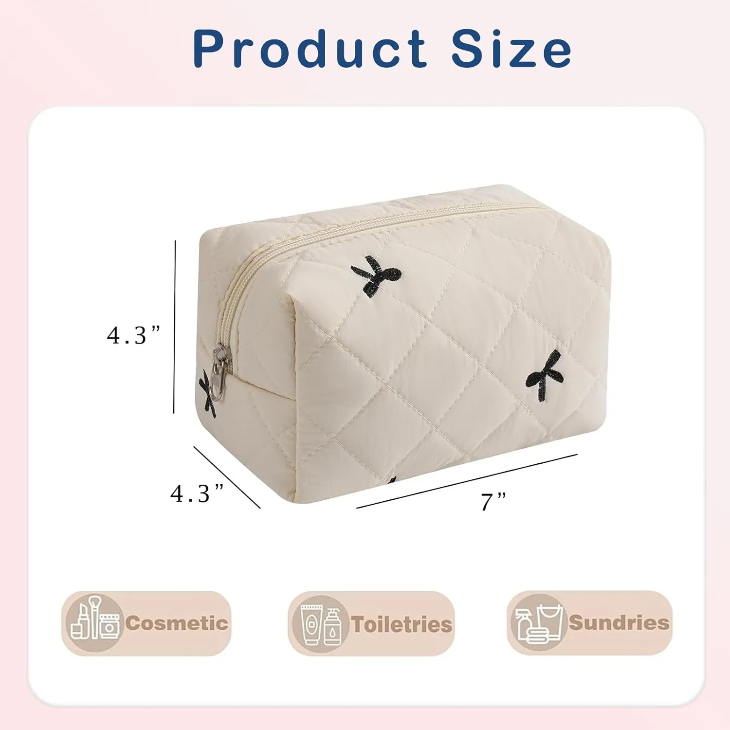 Small Quilted Cotton Makeup Bag, Aesthetic Cosmetic Bag, Cute Floral Makeup Pouch, Kawaii Trendy Preppy Travel Toiletry Bag for Women and Girls (01 White Bow)