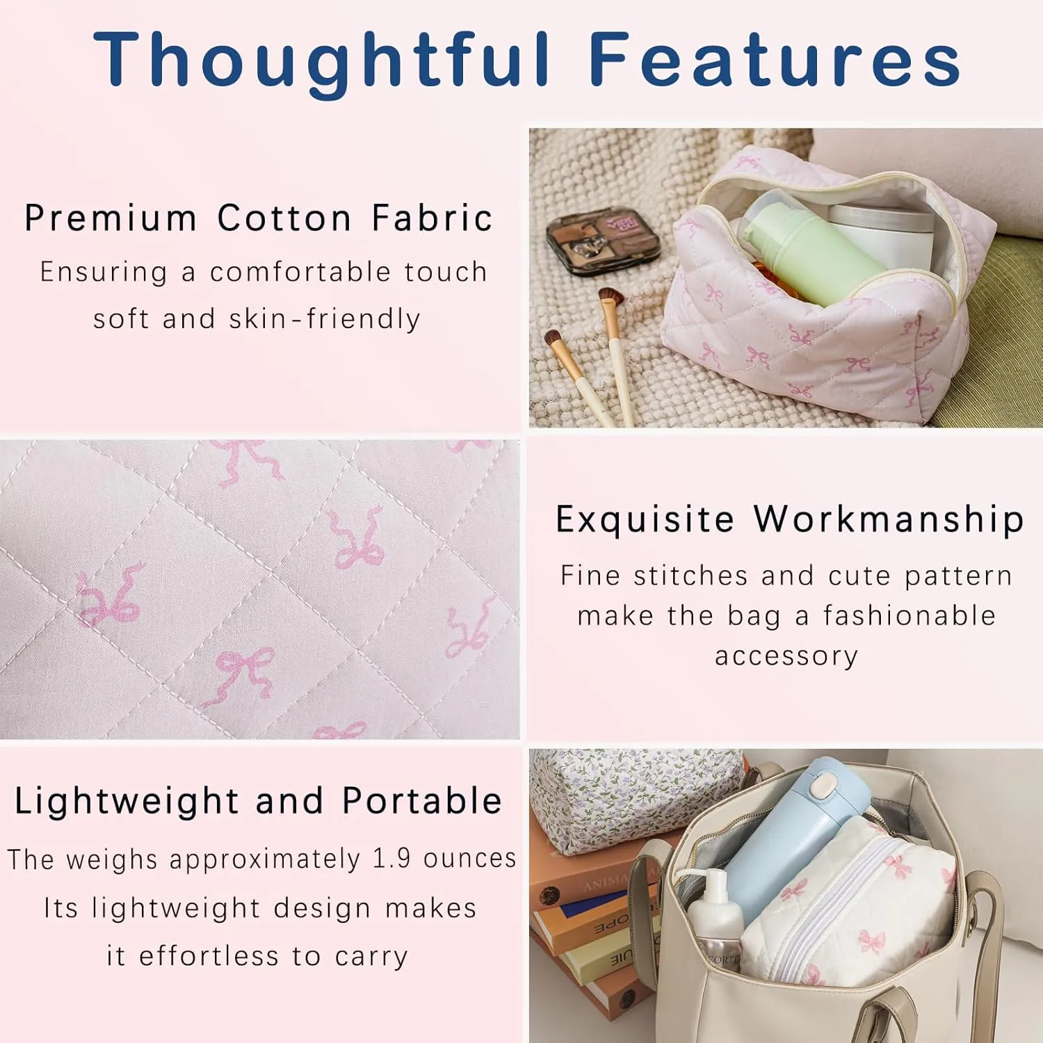 Small Quilted Cotton Makeup Bag, Aesthetic Cosmetic Bag, Cute Floral Makeup Pouch, Kawaii Trendy Preppy Travel Toiletry Bag for Women and Girls (02 Small Pink Bow)