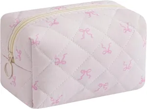 Small Quilted Cotton Makeup Bag, Aesthetic Cosmetic Bag, Cute Floral Makeup Pouch, Kawaii Trendy Preppy Travel Toiletry Bag for Women and Girls (02 Small Pink Bow)