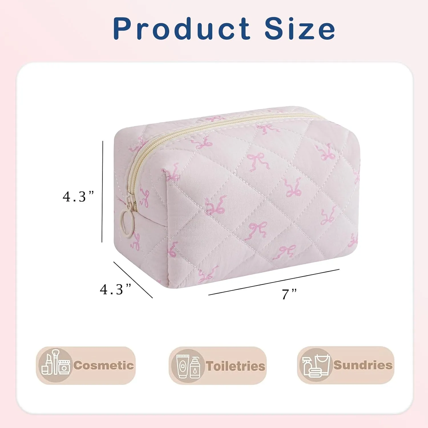 Small Quilted Cotton Makeup Bag, Aesthetic Cosmetic Bag, Cute Floral Makeup Pouch, Kawaii Trendy Preppy Travel Toiletry Bag for Women and Girls (02 Small Pink Bow)