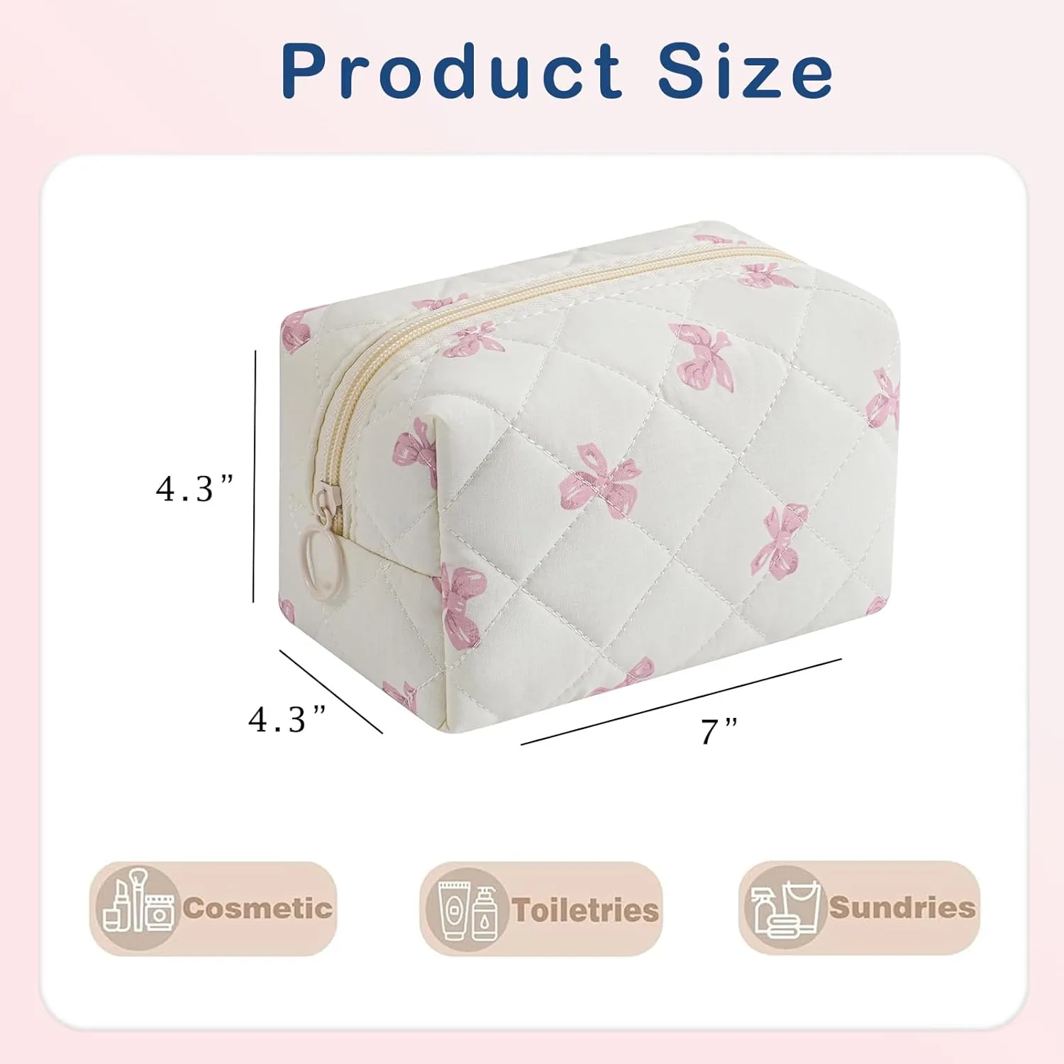 Small Quilted Cotton Makeup Bag, Aesthetic Cosmetic Bag, Cute Floral Makeup Pouch, Kawaii Trendy Preppy Travel Toiletry Bag for Women and Girls (03 Pink Bow)
