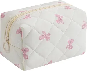 Small Quilted Cotton Makeup Bag, Aesthetic Cosmetic Bag, Cute Floral Makeup Pouch, Kawaii Trendy Preppy Travel Toiletry Bag for Women and Girls (03 Pink Bow)