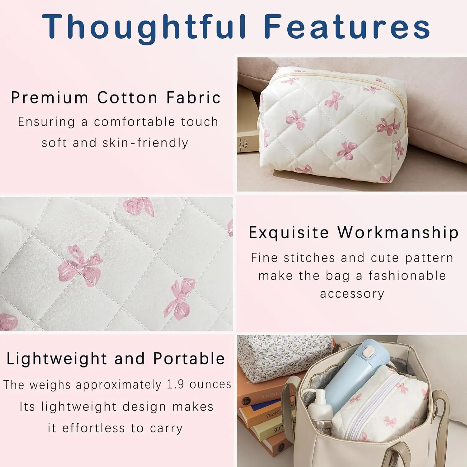 Small Quilted Cotton Makeup Bag, Aesthetic Cosmetic Bag, Cute Floral Makeup Pouch, Kawaii Trendy Preppy Travel Toiletry Bag for Women and Girls (03 Pink Bow)