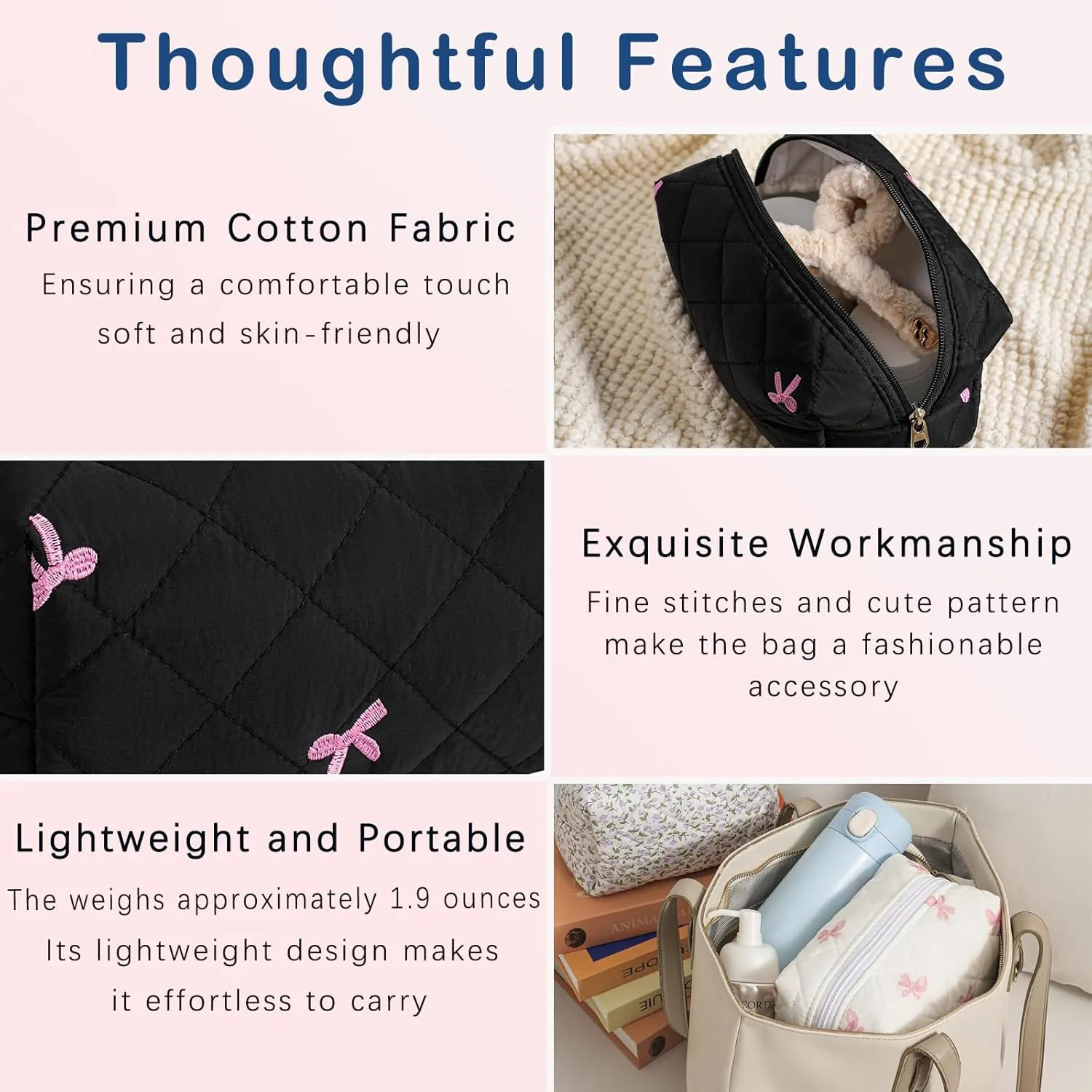 Small Quilted Cotton Makeup Bag, Aesthetic Cosmetic Bag, Cute Floral Makeup Pouch, Kawaii Trendy Preppy Travel Toiletry Bag for Women and Girls (04 Black Bow)