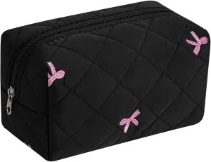 Small Quilted Cotton Makeup Bag, Aesthetic Cosmetic Bag, Cute Floral Makeup Pouch, Kawaii Trendy Preppy Travel Toiletry Bag for Women and Girls (04 Black Bow)