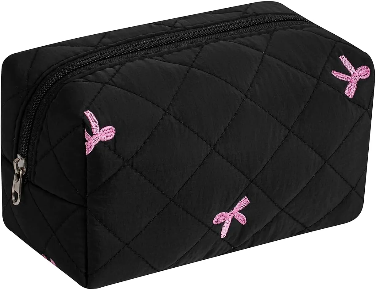 Small Quilted Cotton Makeup Bag, Aesthetic Cosmetic Bag, Cute Floral Makeup Pouch, Kawaii Trendy Preppy Travel Toiletry Bag for Women and Girls (04 Black Bow)