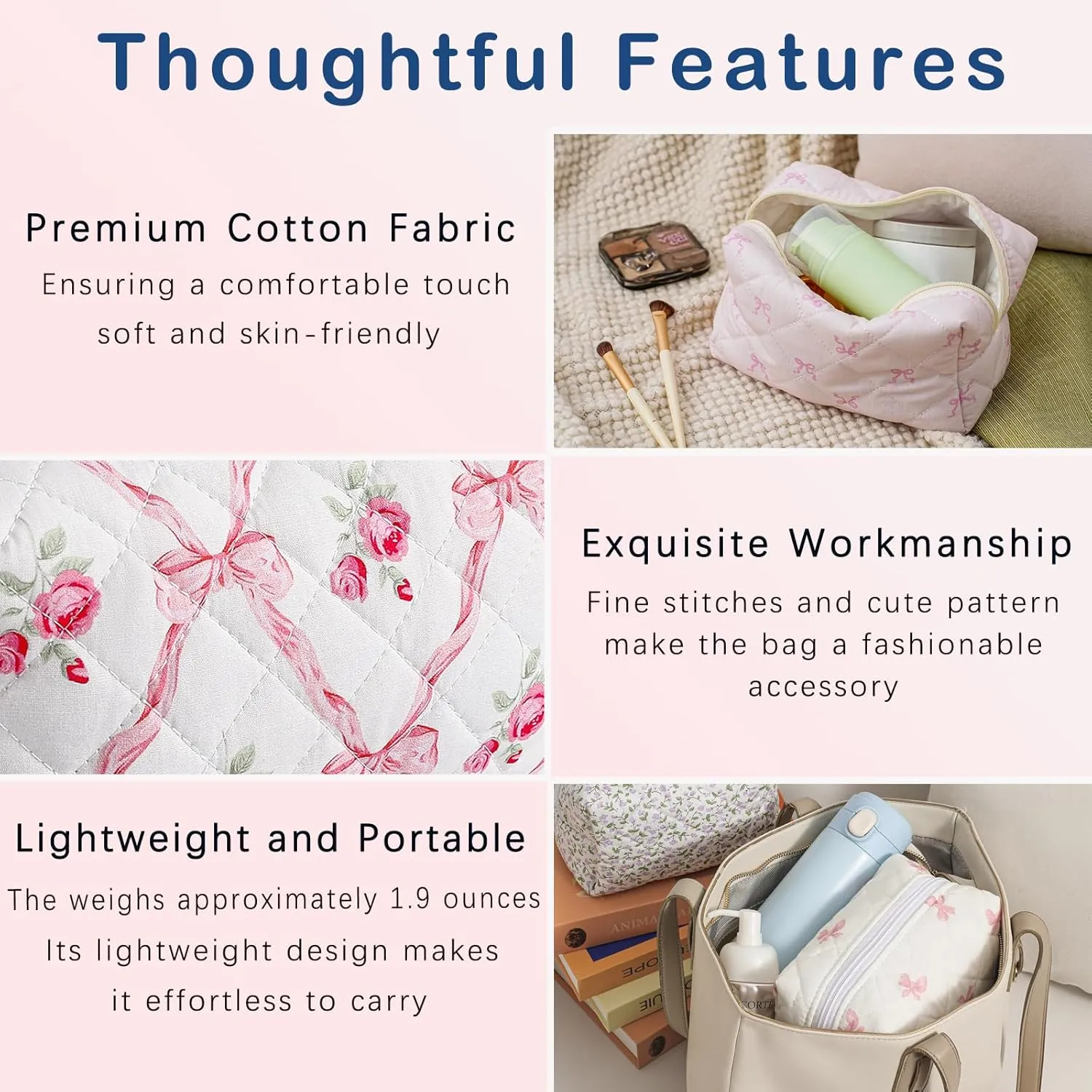 Small Quilted Cotton Makeup Bag, Aesthetic Cosmetic Bag, Cute Floral Makeup Pouch, Kawaii Trendy Preppy Travel Toiletry Bag for Women and Girls (05 Pink Flower Bow)