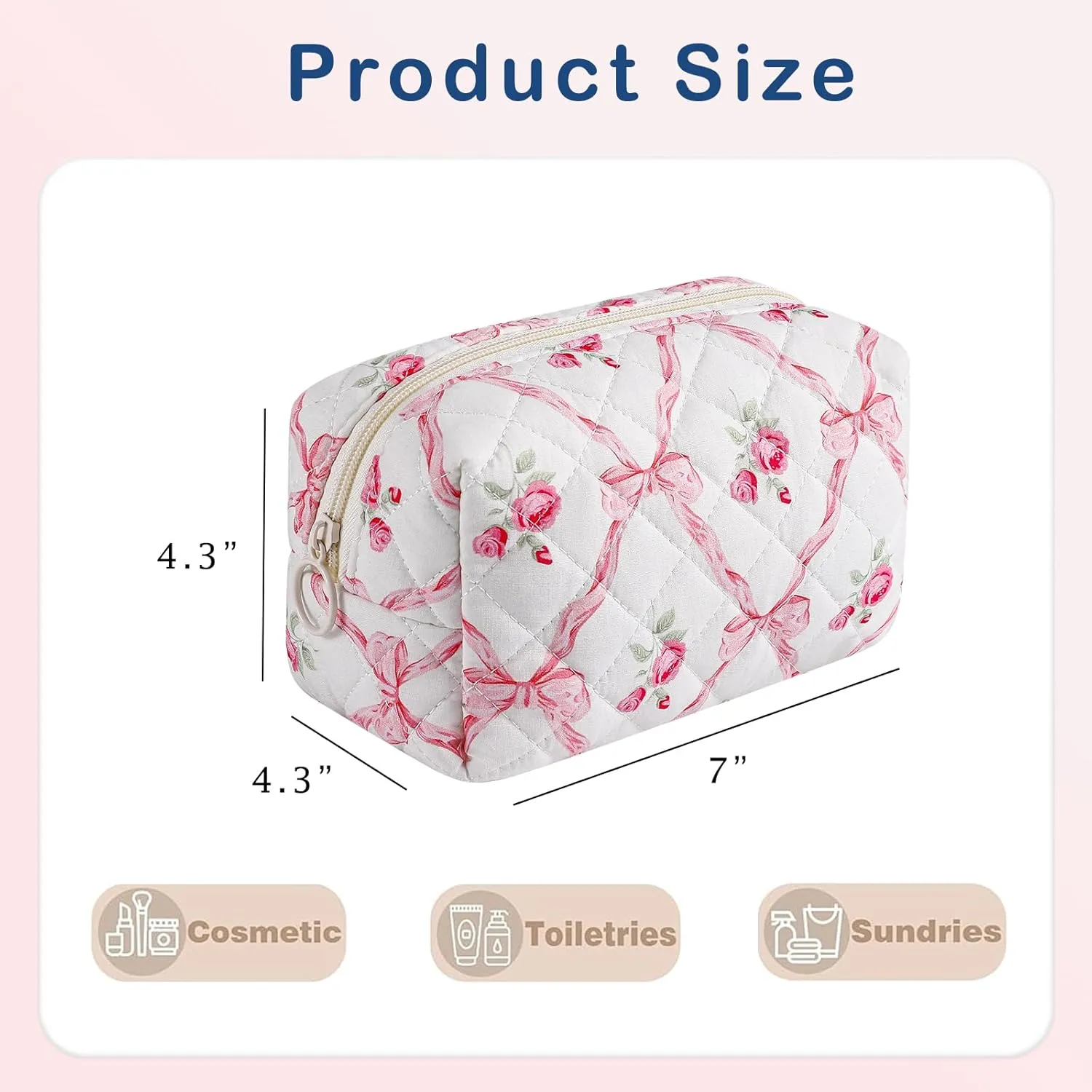 Small Quilted Cotton Makeup Bag, Aesthetic Cosmetic Bag, Cute Floral Makeup Pouch, Kawaii Trendy Preppy Travel Toiletry Bag for Women and Girls (05 Pink Flower Bow)