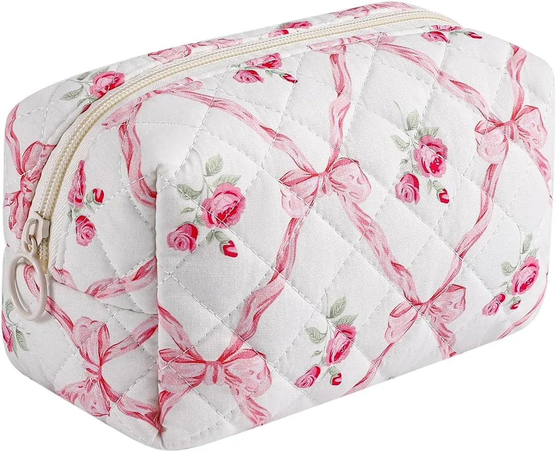 Small Quilted Cotton Makeup Bag, Aesthetic Cosmetic Bag, Cute Floral Makeup Pouch, Kawaii Trendy Preppy Travel Toiletry Bag for Women and Girls (05 Pink Flower Bow)