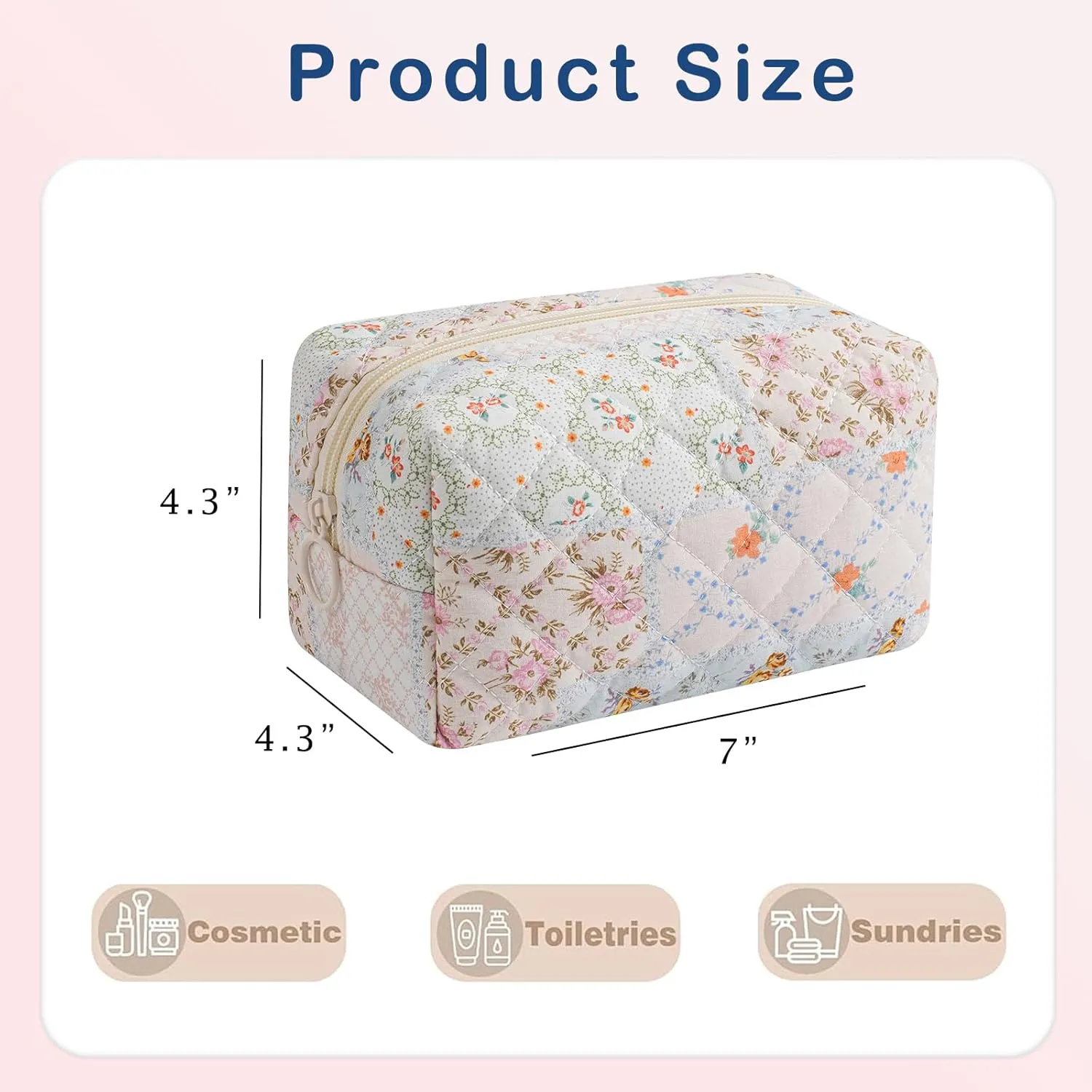 Small Quilted Cotton Makeup Bag, Aesthetic Cosmetic Bag, Cute Floral Makeup Pouch, Kawaii Trendy Preppy Travel Toiletry Bag for Women and Girls (06 Mixed Flowers)