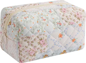 Small Quilted Cotton Makeup Bag, Aesthetic Cosmetic Bag, Cute Floral Makeup Pouch, Kawaii Trendy Preppy Travel Toiletry Bag for Women and Girls (06 Mixed Flowers)