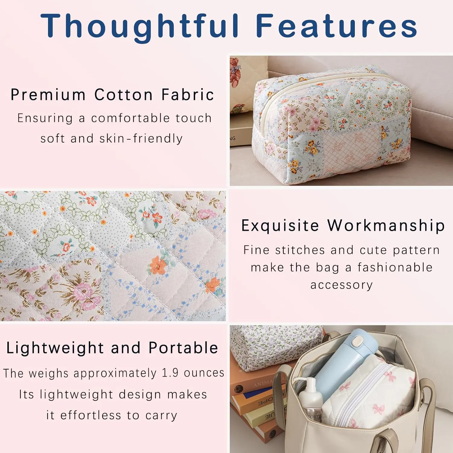 Small Quilted Cotton Makeup Bag, Aesthetic Cosmetic Bag, Cute Floral Makeup Pouch, Kawaii Trendy Preppy Travel Toiletry Bag for Women and Girls (06 Mixed Flowers)
