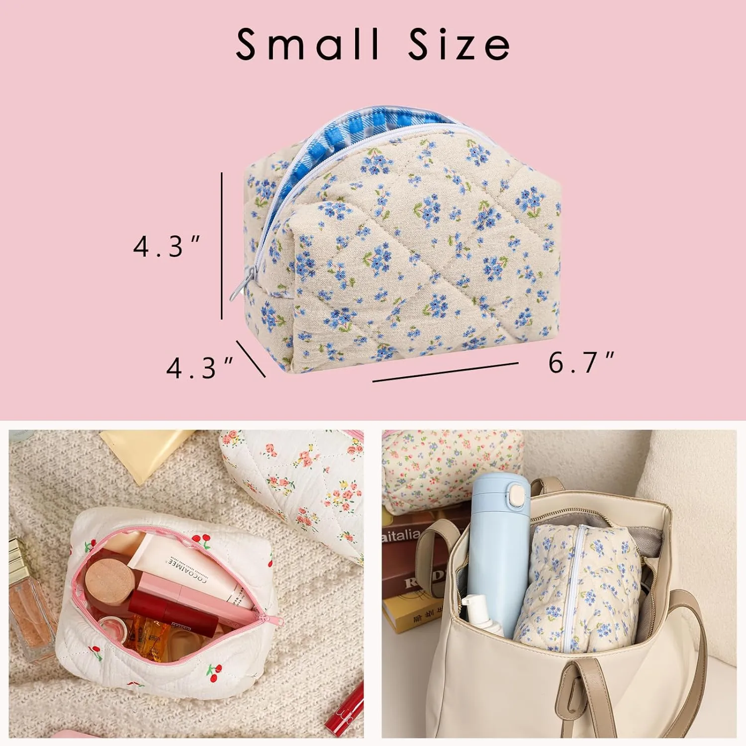 Small Quilted Cotton Makeup Bag, Cute Floral Cosmetic Bag, Cotton Aesthetic Makeup Pouch, Kawaii Travel Toiletry Bag for Women and Girls (05Blue Flower)