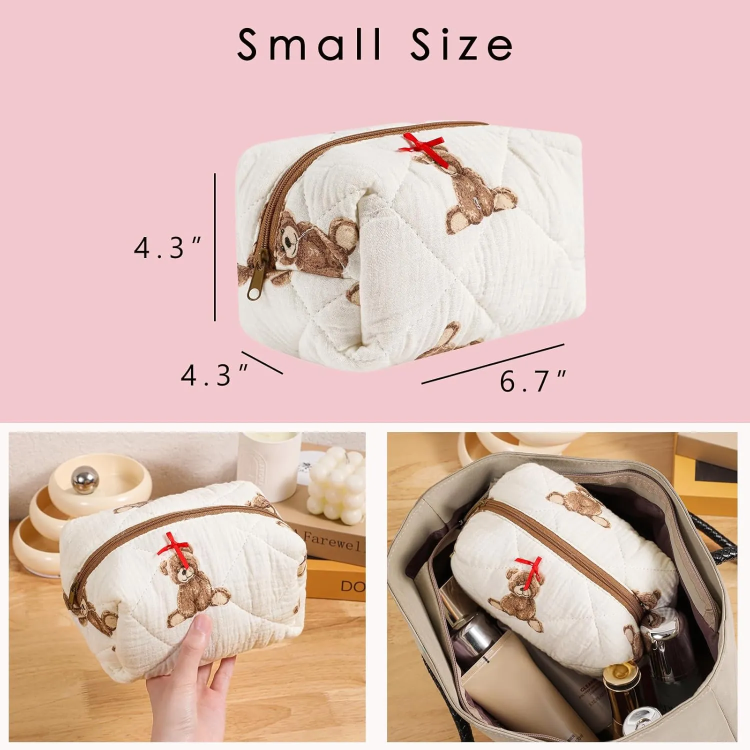 Small Quilted Cotton Makeup Bag, Cute Floral Cosmetic Bag, Cotton Aesthetic Makeup Pouch, Kawaii Travel Toiletry Bag for Women and Girls (08 Bear)