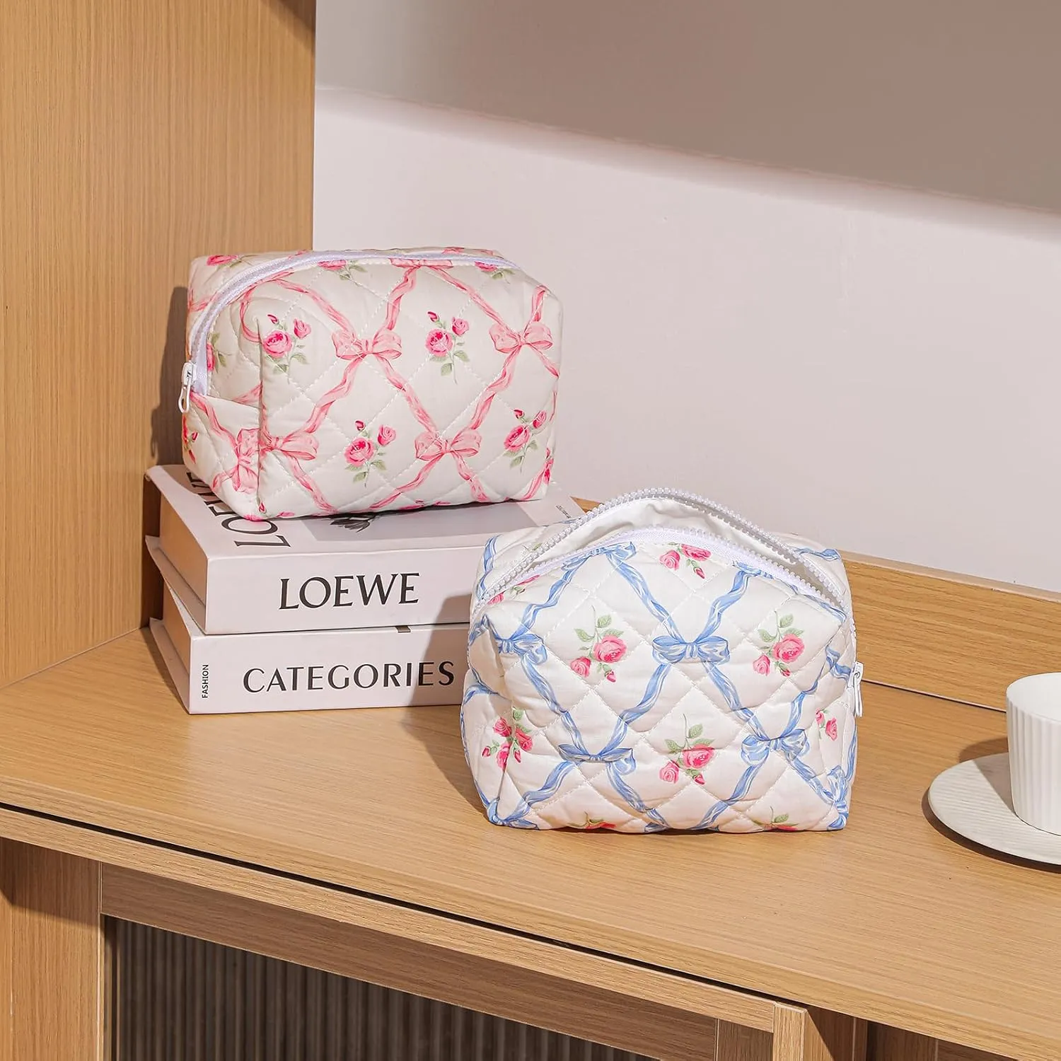 Small Quilted Cotton Makeup bag, Cute Floral Cosmetic bag, Cotton Aesthetic Makeup Pouch, Large Capacity Travel Toiletry Bag for Women and Girls (01Blue bows)