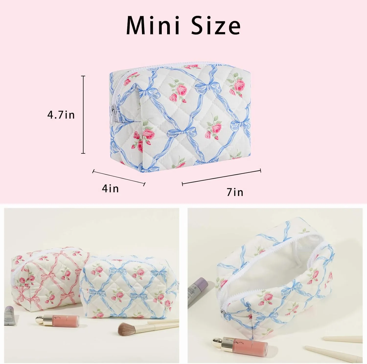 Small Quilted Cotton Makeup bag, Cute Floral Cosmetic bag, Cotton Aesthetic Makeup Pouch, Large Capacity Travel Toiletry Bag for Women and Girls (01Blue bows)