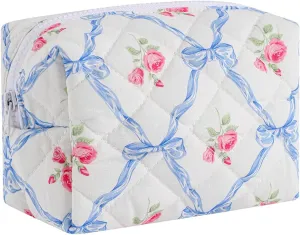 Small Quilted Cotton Makeup bag, Cute Floral Cosmetic bag, Cotton Aesthetic Makeup Pouch, Large Capacity Travel Toiletry Bag for Women and Girls (01Blue bows)
