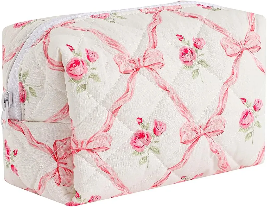 Small Quilted Cotton Makeup bag, Cute Floral Cosmetic bag, Cotton Aesthetic Makeup Pouch, Large Capacity Travel Toiletry Bag for Women and Girls (02Pink bows)