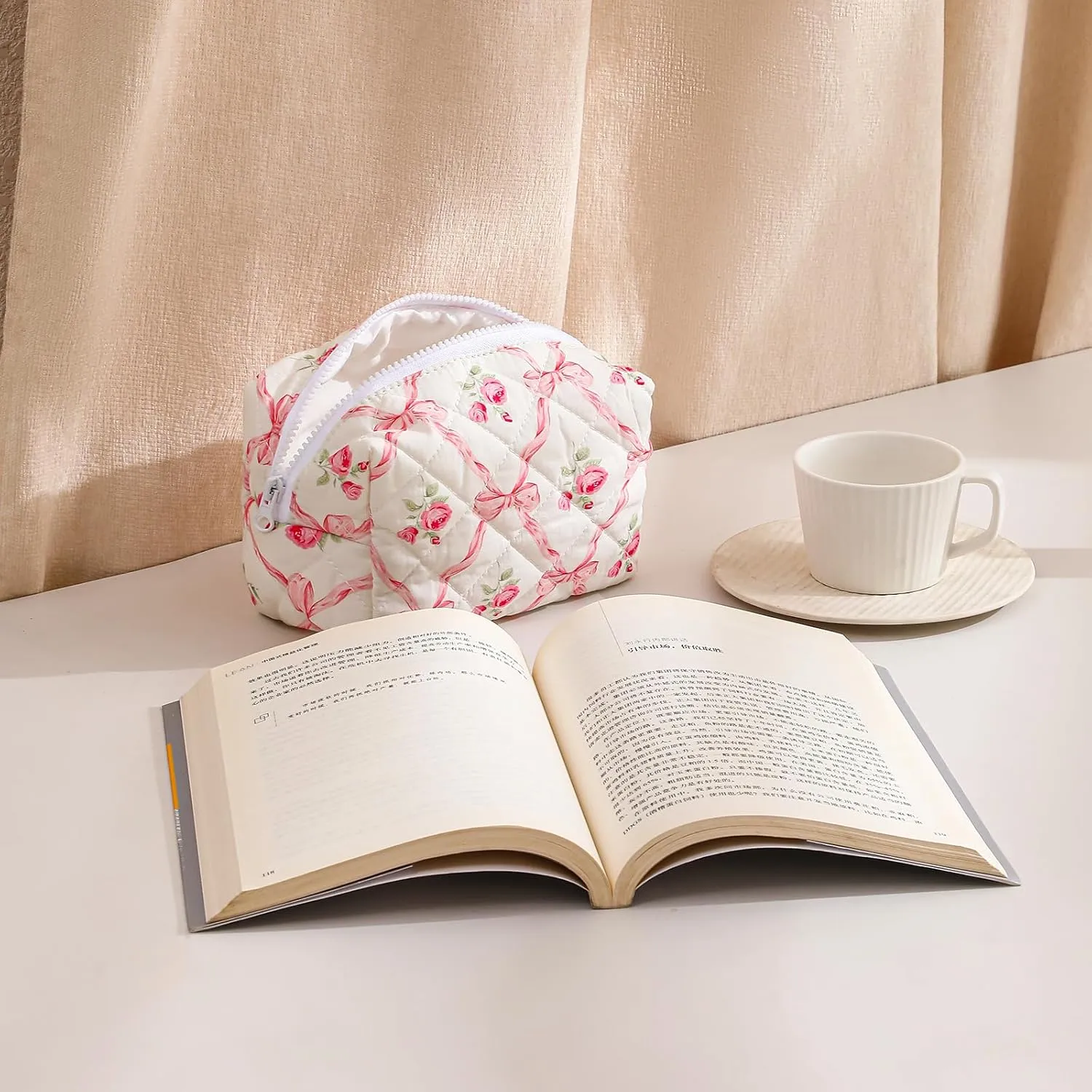 Small Quilted Cotton Makeup bag, Cute Floral Cosmetic bag, Cotton Aesthetic Makeup Pouch, Large Capacity Travel Toiletry Bag for Women and Girls (02Pink bows)
