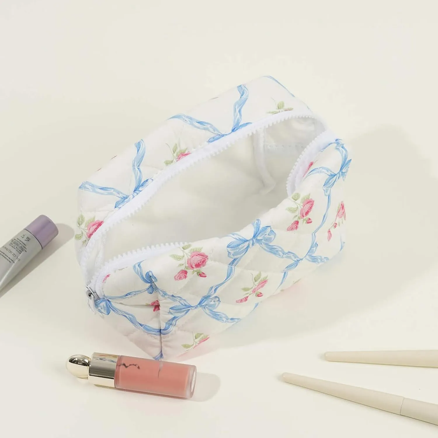 Small Quilted Cotton Makeup bag, Cute Floral Cosmetic bag, Cotton Aesthetic Makeup Pouch, Large Capacity Travel Toiletry Bag for Women and Girls (02Pink bows)