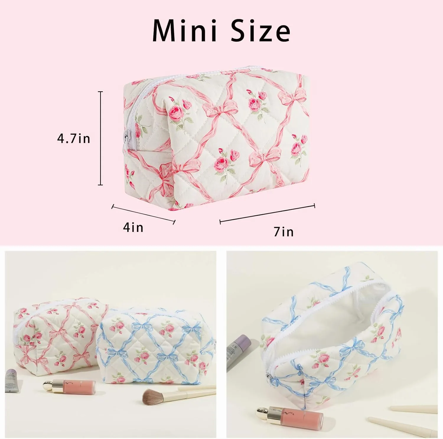 Small Quilted Cotton Makeup bag, Cute Floral Cosmetic bag, Cotton Aesthetic Makeup Pouch, Large Capacity Travel Toiletry Bag for Women and Girls (02Pink bows)