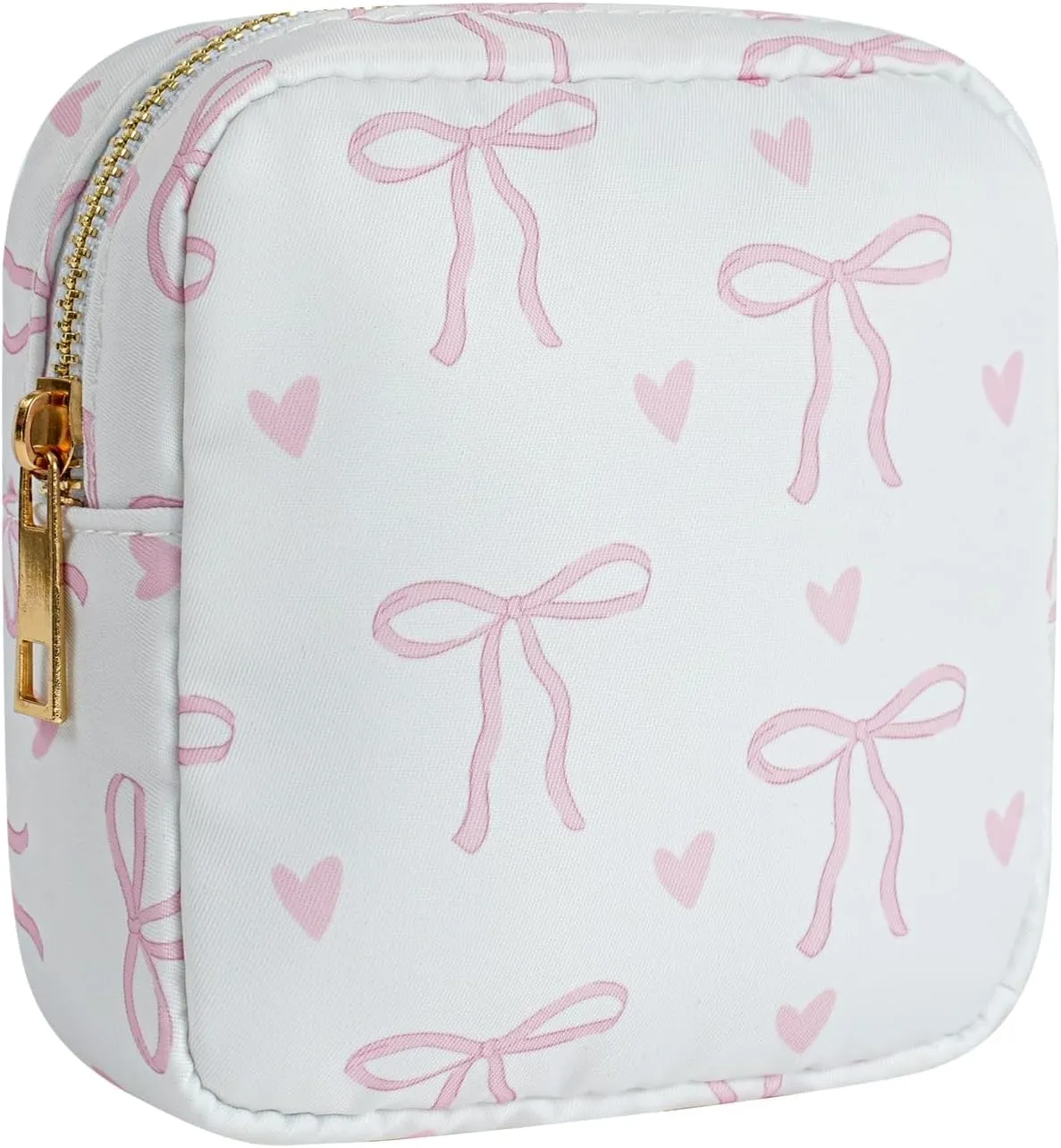 Small Waterproof Nylon Makeup Bag with Bow Pattern, Aesthetic Cosmetics Pouch and Toiletry Bag for Travel, Cute Makeup Organizer Storage Pouch for Women Girls(01Heart Bow)