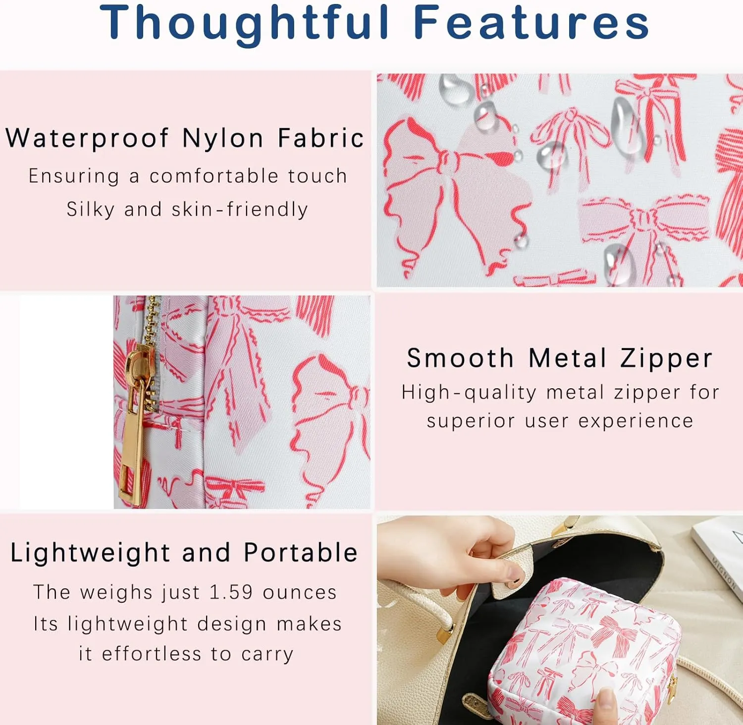 Small Waterproof Nylon Makeup Bag with Bow Pattern, Aesthetic Cosmetics Pouch and Toiletry Bag for Travel, Cute Makeup Organizer Storage Pouch for Women Girls(04Red Bow)