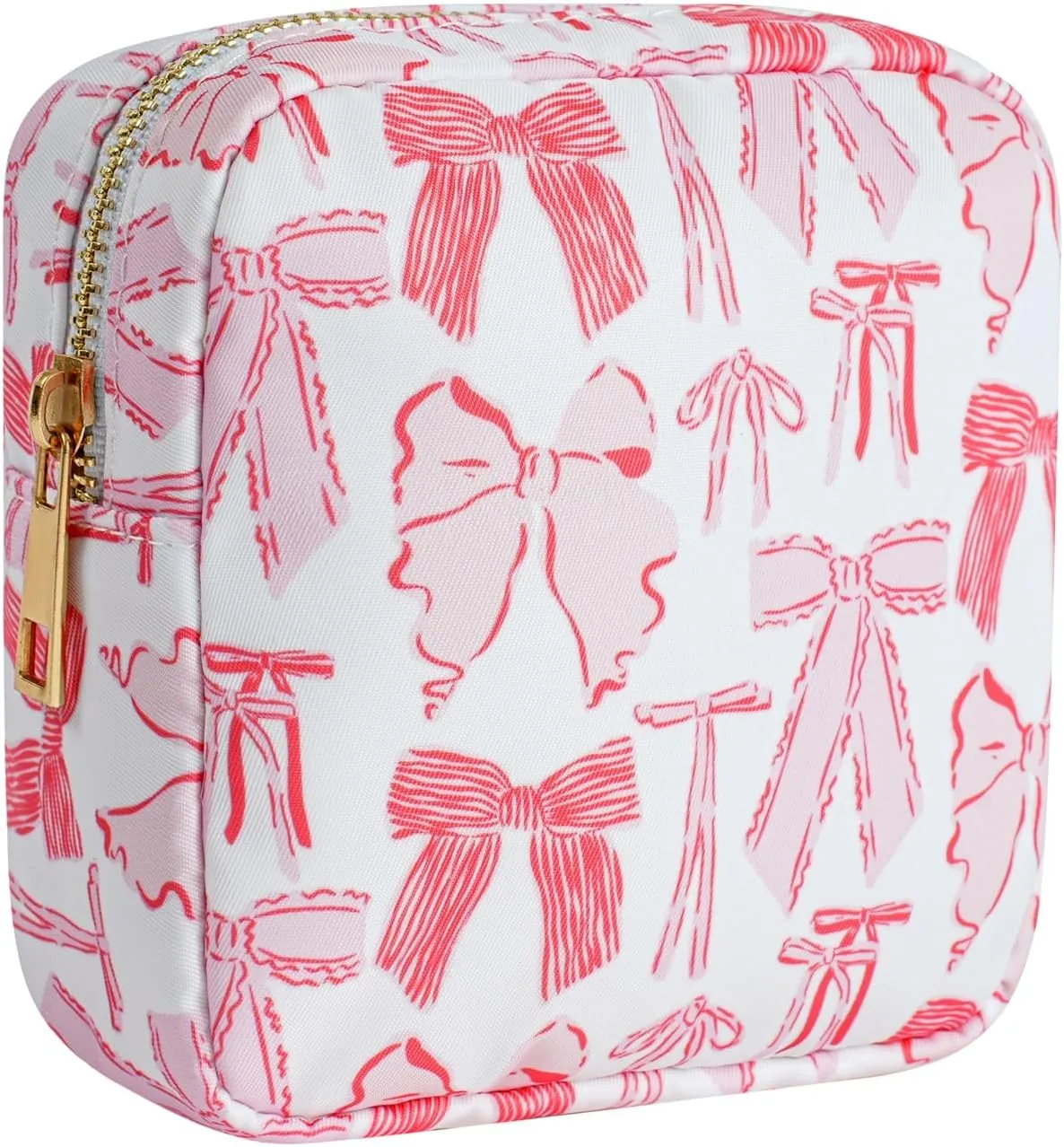 Small Waterproof Nylon Makeup Bag with Bow Pattern, Aesthetic Cosmetics Pouch and Toiletry Bag for Travel, Cute Makeup Organizer Storage Pouch for Women Girls(04Red Bow)