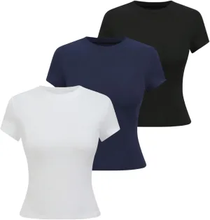 SOLY HUX Boat Neck Tops for Women 3 Piece Cropped Basic Tees Set Summer Short Sleeve Shirts Fitted Workout Undershirt