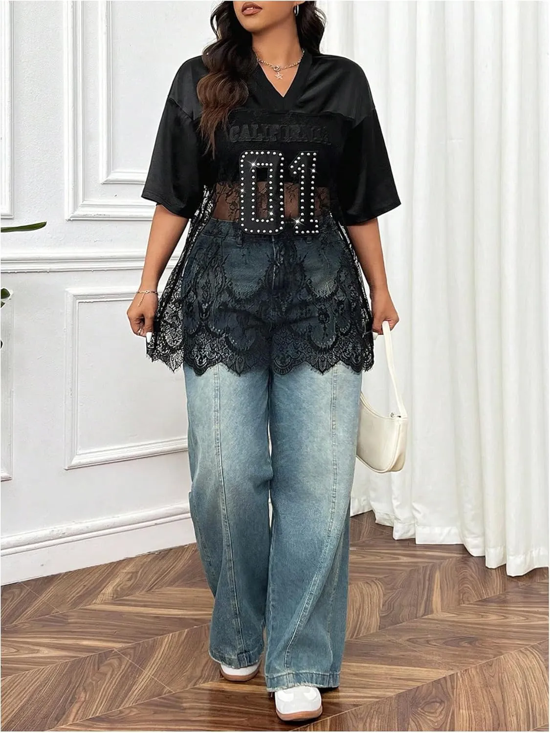SOLY HUX Women's Plus Size Jersey Shirts Lace Sheer V Neck Half Sleeve Number Graphic Tees Casual T Shirt