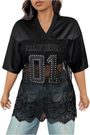 SOLY HUX Women's Plus Size Jersey Shirts Lace Sheer V Neck Half Sleeve Number Graphic Tees Casual T Shirt