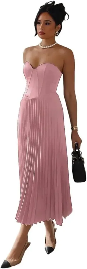 Strapless Prom Dresses for Women Pleated Satin Tea Length Corset Formal Evening Party Gowns