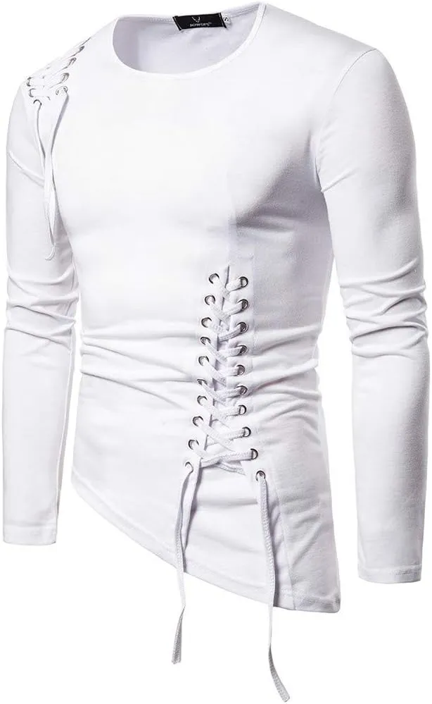 Stylish Asymmetrical Lace Up T-Shirts for Men Slim Fit Designer Irregular Crew Neck Long Sleeve Top Retro Gothic Cosplay Tees
