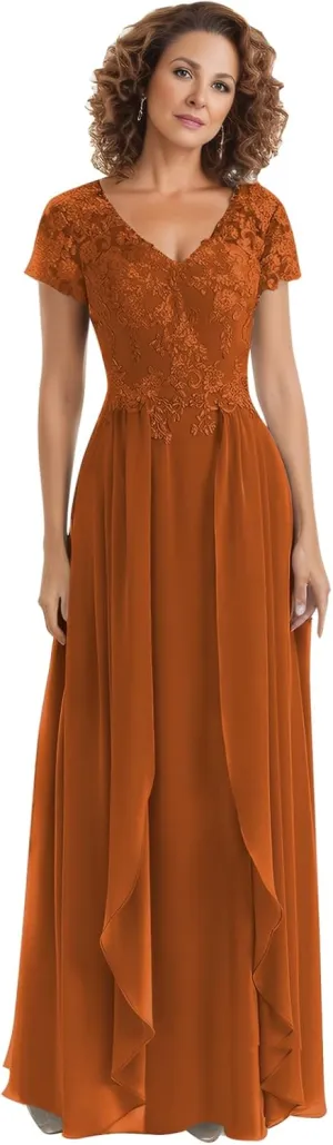 Sukleet Lace Mother of The Bride Dresses for Wedding with Sleeves V Neck Applique Formal Prom Evening Gown
