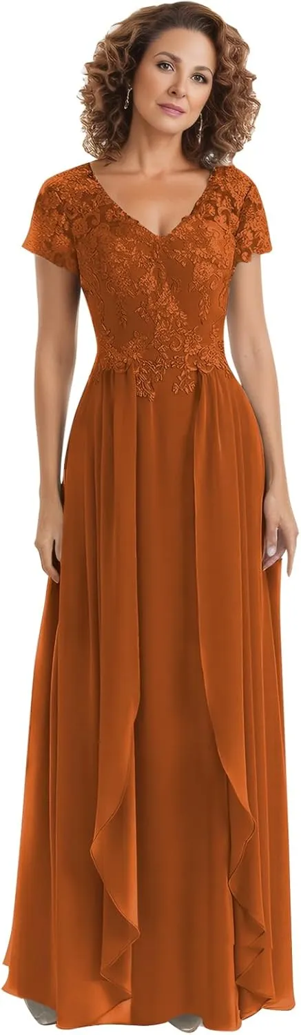 Sukleet Lace Mother of The Bride Dresses for Wedding with Sleeves V Neck Applique Formal Prom Evening Gown