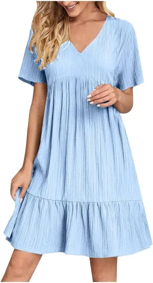 Summer Dresses for Women 2025 Casual Short Sleeve V Neck Midi Dress Pleated Tiered A Line Flowy Sundresses Vacation Clothes